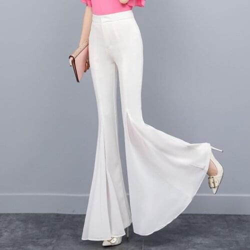 Pants Women Fashion Black White Trousers Summer Chiffon Sexy Bodycon Pants High Waisted Flare Pants Womens Bell-bottoms Pants