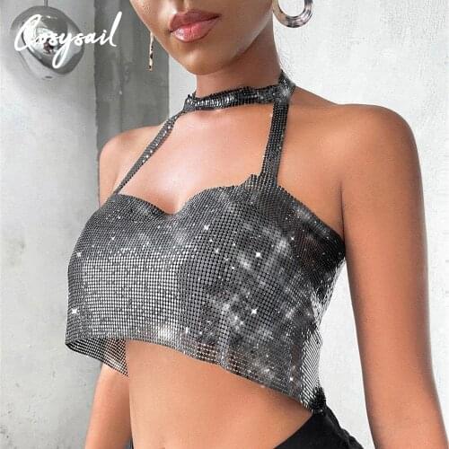 Cosysail Sexy Backless Sequined Tube Top for Female Trendy Metal Mesh Halter Metallic Strap Crop Vest Summer Party Crop Tops