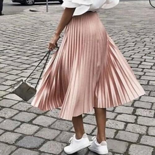 Flectit Glittery Satin-Look Fabric Elastic Waist Accordion Pleat Midi Skirt Women Fashion Pleated Skirt Saia