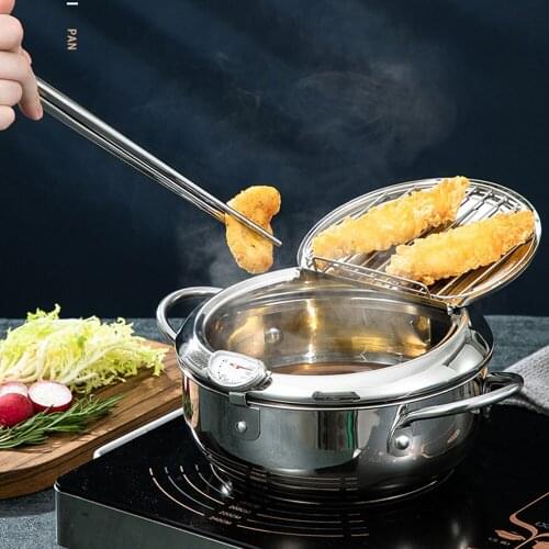 Stainless Steel Kitchen Deep Frying Pot with Thermometre Tempura Fryer Pan Fried Chicken Pot Japanese Deep Frying Pot Tools