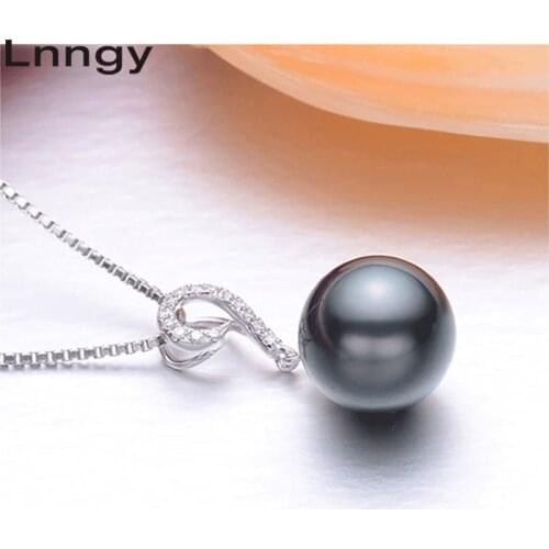 Lnngy Natural Tahitian-cultured Black Pearl Pendant Necklace 925 Sterling Silver Hook 10mm Round South Sea Pearl Fine Jewelry