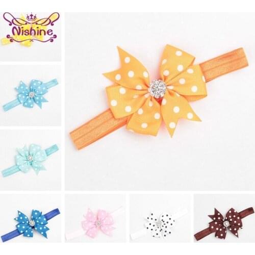 Fashion Dot Ribbon Bowknot Baby Girls Headband with Rhinestone Infant Bow Elastic Hairband Children Headwear Hair Accessories