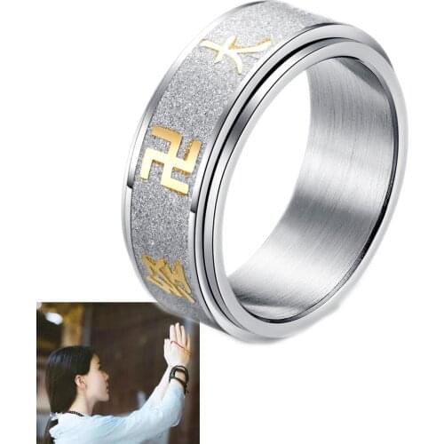 Mens Great Mercy Amulet Stainless Steel Swastika Symbol Spinner Mantra Ring Religious Buddhist Ring Rotating Engraved Mantra