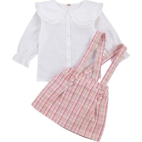 2-7Y Fashion Sweet Girls Clothes Sets Kids Peter Pan Collar Single Breasted Tops Plaid Print Bib Strap Skirts 2pcs Outfits