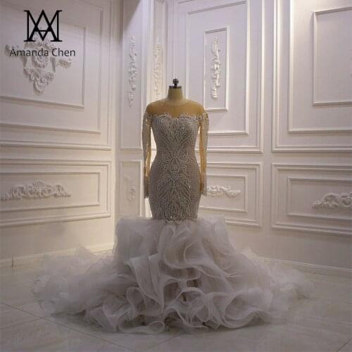 Bride dress 2020 Champagne Long Lace Applique Mermaid Ruffle Wedding dress