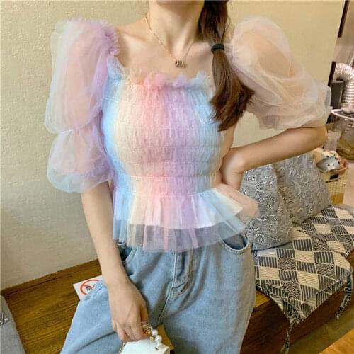 Hstar Office Lady Summer Japan Style Kawaii Korean Chiffon Blouse Rainbow Blouse Women Puff Sleeve Square Collar Lace Up Tops