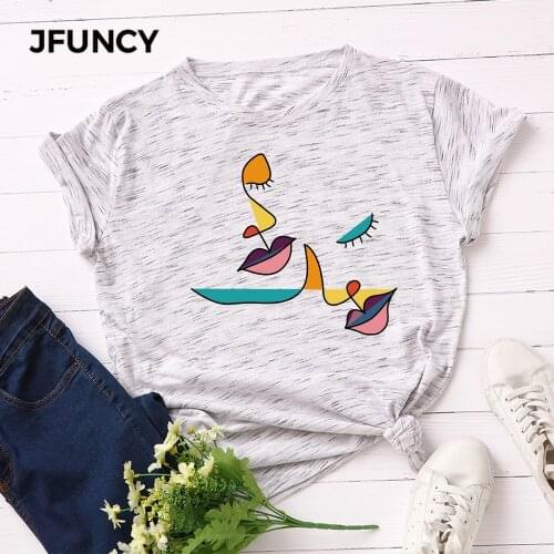 JFUNCY Cuddle Printed Plus Size Women T-shirts Female Short Sleeve Basic Tops Summer Cotton T Shirt Woman Casual Tee Shirts