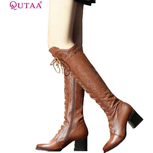 QUTAA 2020 Women Over The Knee High Boots Cow Leather Fashion Lace Up Pointed Toe All Match Women Motorcycle Boots Size 34-39