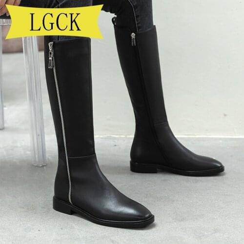 Plus Size 34-43 Brand Real Leather Long Boots Thick Bottom Zipper Shoes Woman Autumn Winter Shoes Fashion Casual Daily Footwear