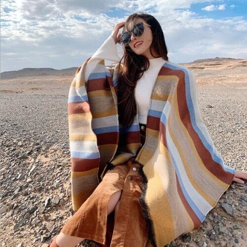 Scarf women take color matching striped split shawl winter take photos of desert tourism cloak is cashmere-like thickened to k