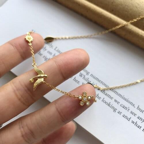 Morivovog 925 Sterling Silver Zircon Flower Swallow Choker Elegant Daisy Leaf Creative Short Necklace for Women Office Jewelry
