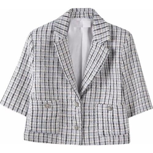 ZXQJ Women 2021 Fashion Single Button Cropped Checked Blazer Coat Vintage Long Sleeve Female Outerwear Chic Suit Coat