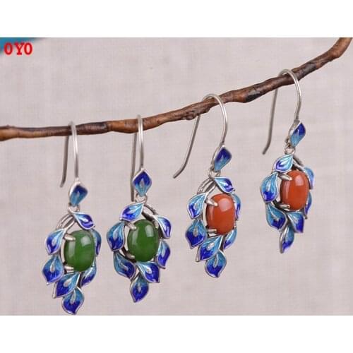 100%S925 silver restoring ancient ways for women Thai silver matte cloisonne peacock feathers with south red jade earring
