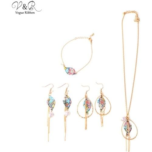 2020 New Arrival DIY Handmade Gold Jewelry Making With Leaf/ Pearl Necklace Earring Bracelet Set For Women Bruids Sieradenset