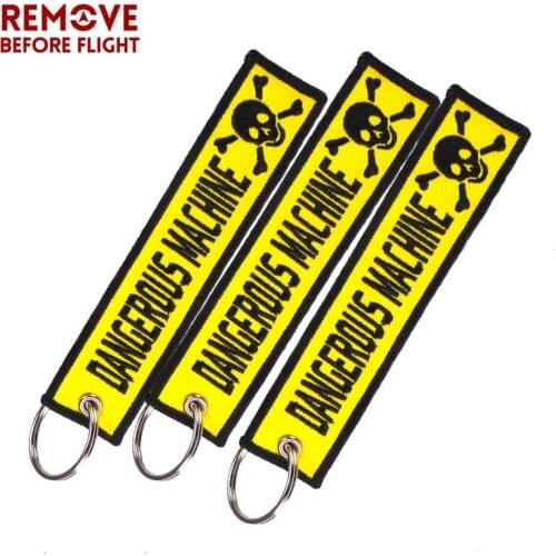 3 PCS Dangerous Machine Warning Tag Skull Keychain for Factory Motorcycles and Cars Key Tags Embroidery Yelloew Danger Keychain