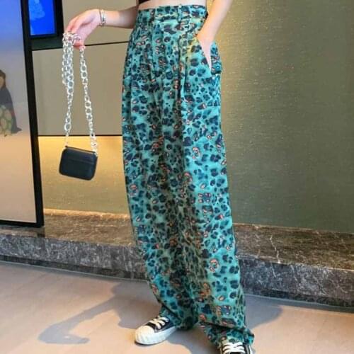HStar Leopard Print High Waist Wide Leg Pants Satin Mopping Pants Spring Autumn Drape Loose Casual Straight Thin Trousers
