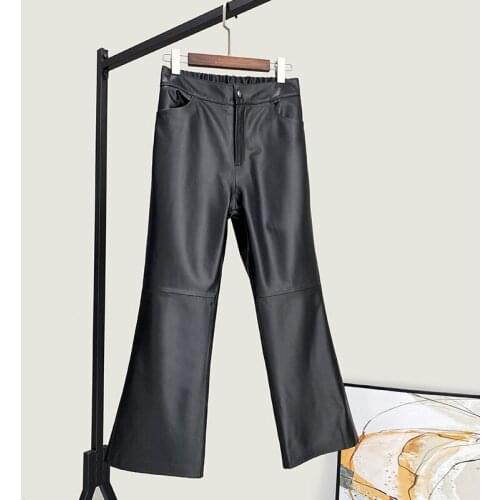 Real Sheepskin Leather Pants Female Korean Fashion Trousers for Women Black Flare Pants Spring 2021 Pantalones De Mujer Pph4011