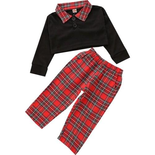 2Pcs Kids Autumn Tracksuit, Shirt-Neck Long Sleeves Crop Tops + Plaid Elastic Waist Pants for Girls, 1-6 Years