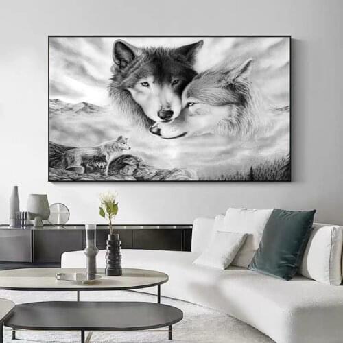 Abstract Animals Black and White Wolf Canvas Paintings Wall Art Posters and Prints Couple Wolf Pictures for Living Room Decor