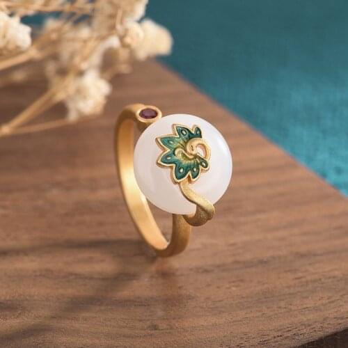 Chinese White Jade Women Fingers Emerald Chalcedony Ring Open Mouth Cloisonne Metal Ring Jewelry Luxury Gift for Mother