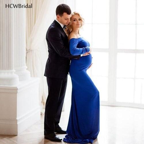 Royal Blue Elastic Spandex Pregnant Woman Evening Dress Long Sleeve Boat Neck Simple Mermaid Prom Gowns Cheap New Arrival