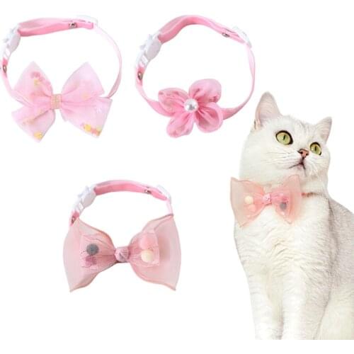 Lace Cat Collar Breakaway with Cute Bow Tie Cute Flower Adjustable Safety Kitten Collars Accessories for Cats Small Dogs Pink