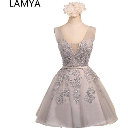 LAMYA Pink V Neck Plus Size A line Lace Prom Dresses 2019 Gray Short Elegant Evening Party Gown Special Occasion Dress