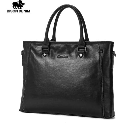 BISON DENIM NEW Bag men leather 14" laptop Bag Oil Wax Leather Bag for documents luxury bag Briefcase Fashion Men handbag N20063