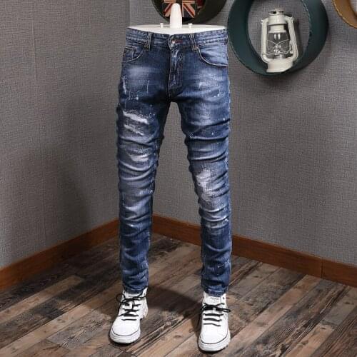 Brand 2021 Men Jeans Retro Blue Slim Fit Elastic Ripped Jeans Men Patchwork Vintage Designer Pants Streetwear Hip Hop Jeans