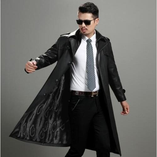 Autumn winter leather coats men long coat plus velvet thicken mens leather trench coats Single-breasted clothes fashion black