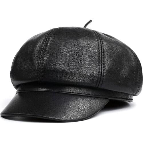 YY2014 Men Genuine Leather Beret Duckbill Caps Women Universal Korean Fashion Octagonal Hat Male Black Painter Hats Femme
