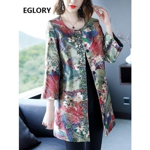 New Plus Size Coat Trench 2018 Autumn Winter Women Ethnic Print Diamond Beading Wide-waisted Coat Overcoats Feminino Casaco