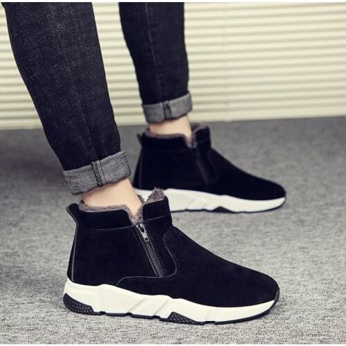 Okkdey Solid color casual round toe warm side zipper mens snow boots winter flat-heeled non-slip suede cold-proof mens boots