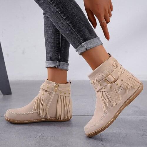 Autumn Women Ankle Boots Retro Shoes Ladies Tassle Casual Rivet Flats Autumn Zipper Vintage Boots Sewing Woman Plus Size New