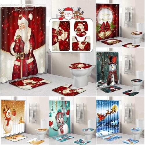 Merry Christmas Bathroom set Snowman Santa Father Bell Elk Pattern Waterproof Shower Curtain Toilet Cover Mat Non Slip Rug