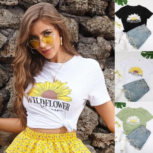 Printed Shirts Plus Size Women Clothing Daisy Summer Clothes for Crew Neck Female Casual Tops Girls Loose Top Fresh Vintage Tees