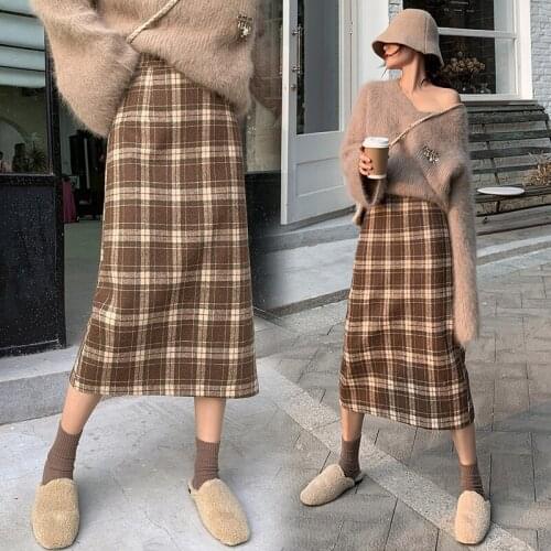 Wool Plaid Skirt Button Design Bodycon High Waist Autumn Winter Long Elegant Woolen Girl Wrap Skirts Summer Mini Skirts