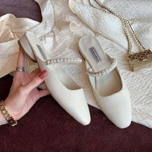 New Slippers Ladies Summer New Low-heel Pearl Rhinestone Thick-heel Square Toe Lazy Muller Sandals Womens Slippers Women Shoes