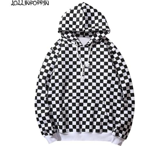 Streetwear Mens Black & White Checkerboard Hoodies Plaid Pattern Hooded Sweatshirts Men Hip Hop Fleece Hoodie