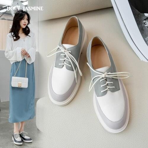 Spring 2021 New Natural Genuine Leather Lace-Up Flats Shoes Women Round Toe Casual Shoes Cross Tied Flats Footwear Female Shoes