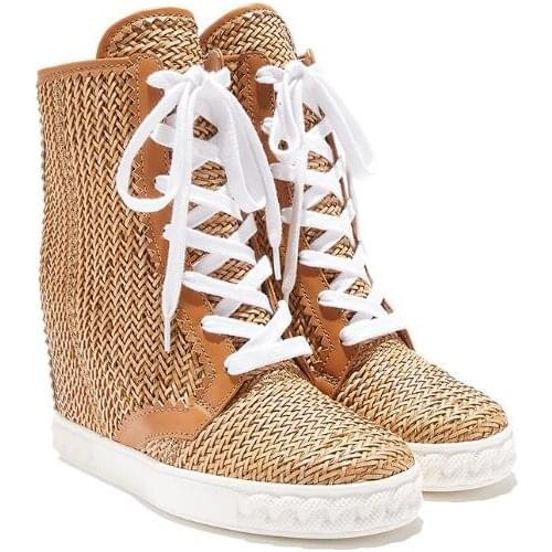 Drop Shipping Woman Fashion White Khaki Lace Up High Top Ironic Sneakers Female 8 cm Hidden Wedge Platform Short Ankle Boots