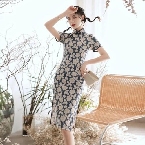 Sheng Coco New Womens Lace Cheongsam Dresses Navy Blue Lace Knee Length Traditional Chinese Dress Qipao Girl Chipao Plus Size