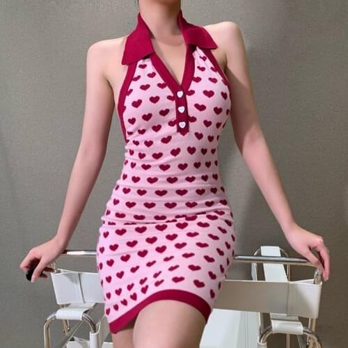 Y2K Cute Heart Print Pink Dress Summer Knitted Halter Backless Bodycon Dress Sexy Women E-girl Aesthetic Kawaii Streetwear