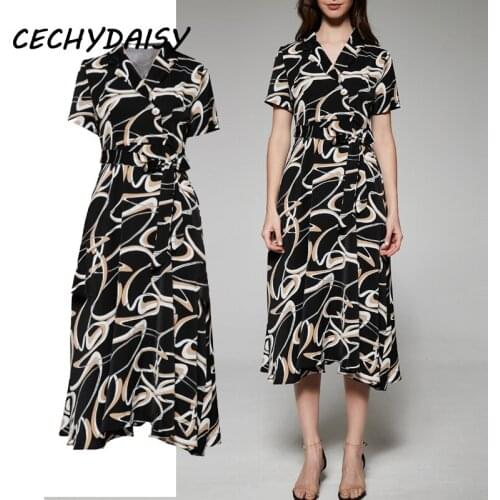 2021 Summer Dress Women High Waist Floral Printed Turn-Down Collar Short Sleeve Elegant Button Up With Belt Party Night Dresses