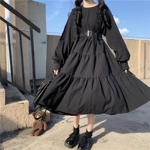Gothic Style Black Dress Women Harajuku Goth Lolita Kawaii Dress Punk Cute Long / Short Sleeve Summer Midi Dress 2021 Emo Mall