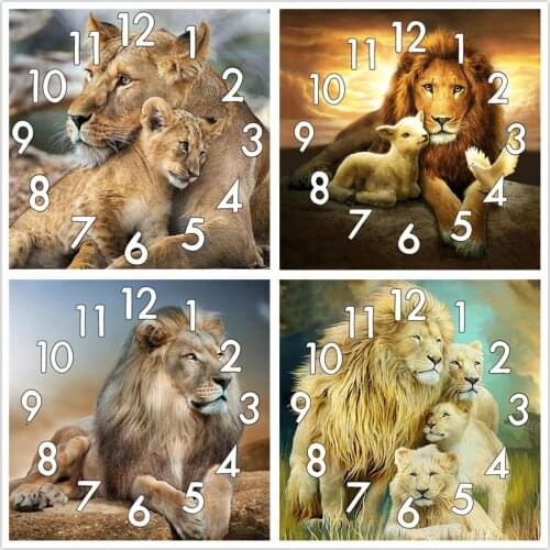Full Diamond Painting Cross Stitch With Clock Mechanism Mosaic Lion 5D Diy Square Round Diamondpainting 3d Embroidery Gift