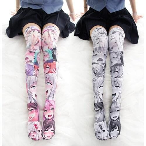 Velvet Anime Cartoon Pattern Printed Over Knee Thighs Cosplay Costume Lovely Girls Lolita Sexy Knee High Stockings