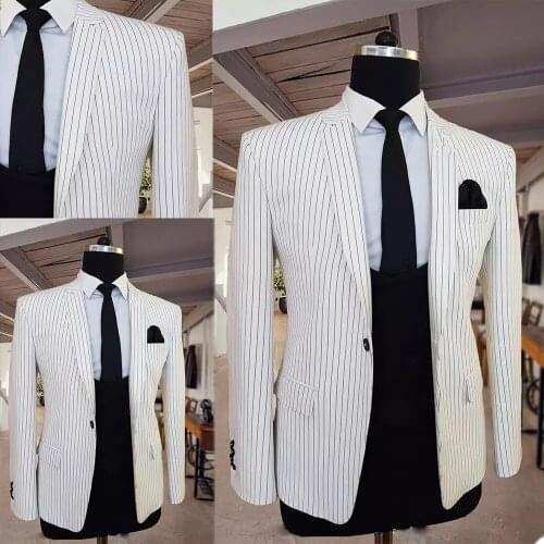 White Prinstripe Jacket Black Vest Pant Costume Men Suits Wedding Groom Tuxedo Slim Fit Terno Masculino Prom Party Blazer 3 Pcs