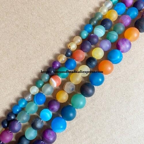 15" Natural Stone Frost Grind Arenaceous Matte Mixed Color Stripes Agate Onyx Round Loose Beads 6 8 10 12MM Pick Size