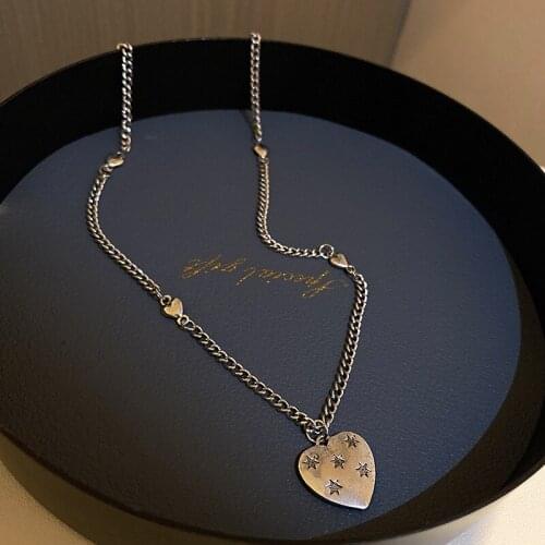 VSnow Hiphop Asymmetric Love Heart Star Pendant Necklace for Women Trendy Chunky Curb Chain Silver Color Metal Necklace Jewelry